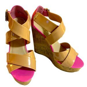 Madden Girl Cork Wedge Sandals Patton Leather Tan Strap Hot Pink Women’s 8.